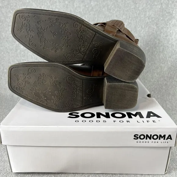 Sonoma Western Ankle Boots Womens Size 7.5 Block Heel Brown Faux Leather New