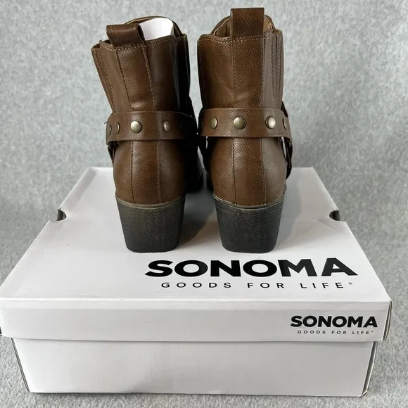 Sonoma Western Ankle Boots Womens Size 7.5 Block Heel Brown Faux Leather New