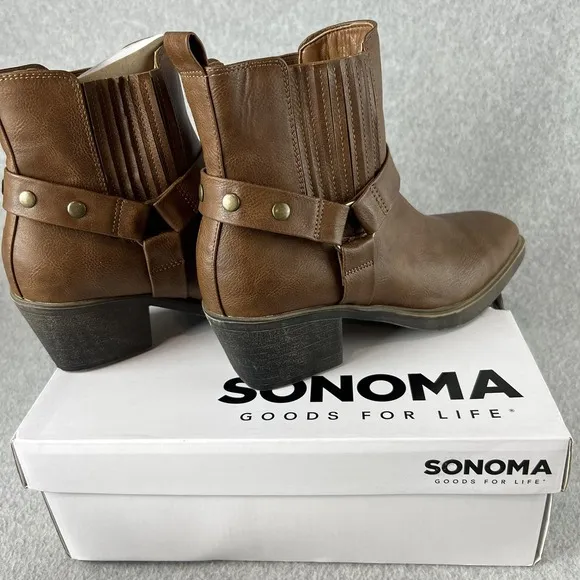 Sonoma Western Ankle Boots Womens Size 7.5 Block Heel Brown Faux Leather New