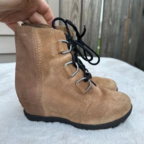 Sorel Girls' Wedge Boots Size 1 Brown Waterproof Suede Lace Up