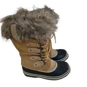 Sorel Joan Of Arctic Beige Suede Lace Up Faux Fur Lined Mid Calf Boots Size 6