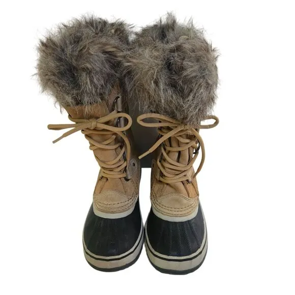 Sorel Joan Of Arctic Beige Suede Lace Up Faux Fur Lined Mid Calf Boots Size 6