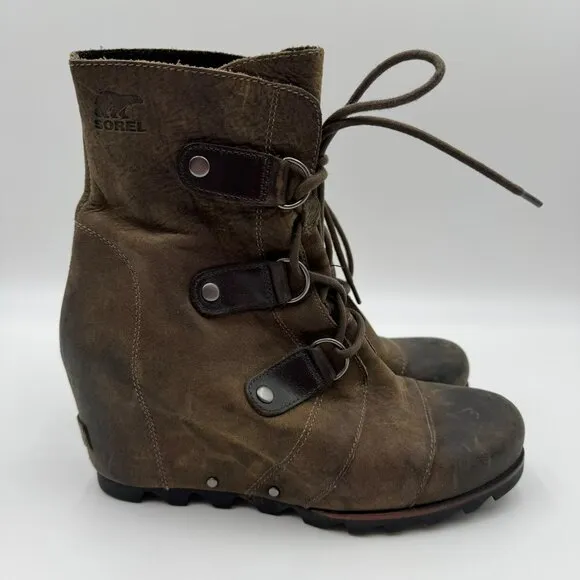 Sorel Joan Of Arctic Wedge Boots Brown Rustic Leather Lace-Up Womens Size 9