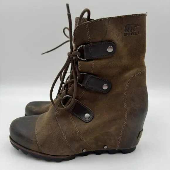 Sorel Joan Of Arctic Wedge Boots Brown Rustic Leather Lace-Up Womens Size 9