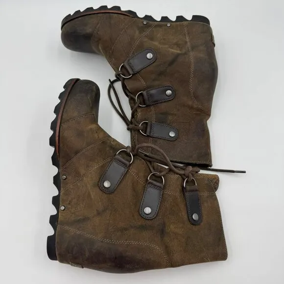 Sorel Joan Of Arctic Wedge Boots Brown Rustic Leather Lace-Up Womens Size 9