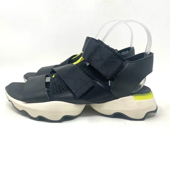 Sorel NL4074 Kinetic Impact Sandals Black White Yellow Womens 9