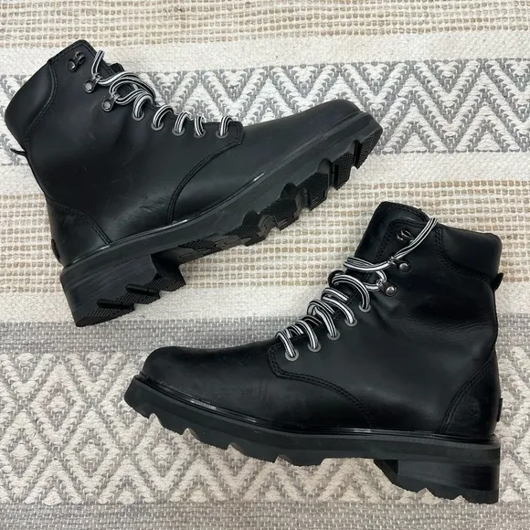 Sorel Women's Lennox Lace Black Waterproof Leather Combat Boots Size 9.5 NWOT