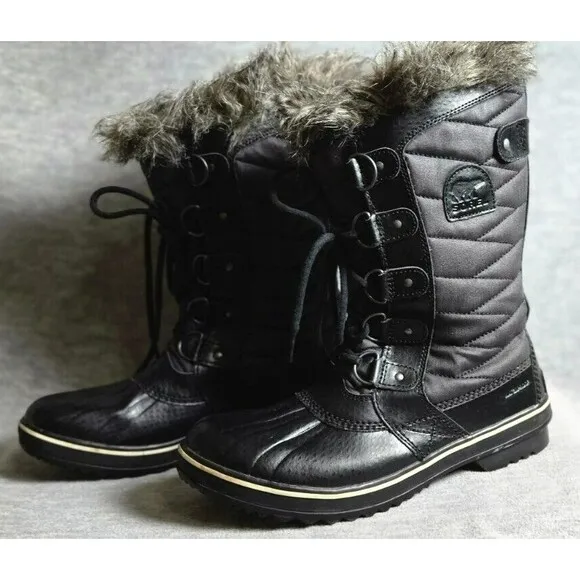Sorel Womens Tofino II Black Waterproof Faux Fur Snow Rain Winter Boots Size 8.5