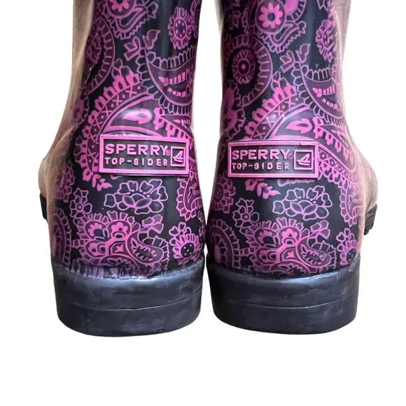 Sperry Pelican T Paisley Get Wet Waterproof Rubber Rain Tall Boot 8M Pin…