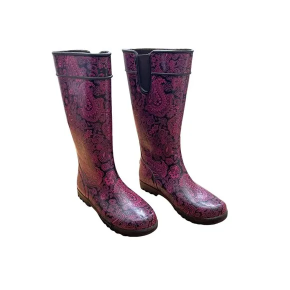 Sperry Pelican T Paisley Get Wet Waterproof Rubber Rain Tall Boot 8M Pin…