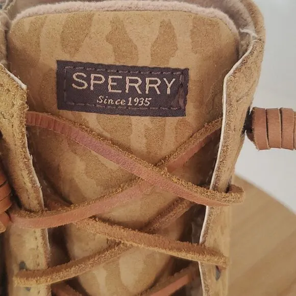 Sperry Women’s Saltwater Dark Brown/Tan Cheetah Print Duck Boots Size 6.5