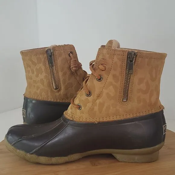 Sperry Women’s Saltwater Dark Brown/Tan Cheetah Print Duck Boots Size 6.5