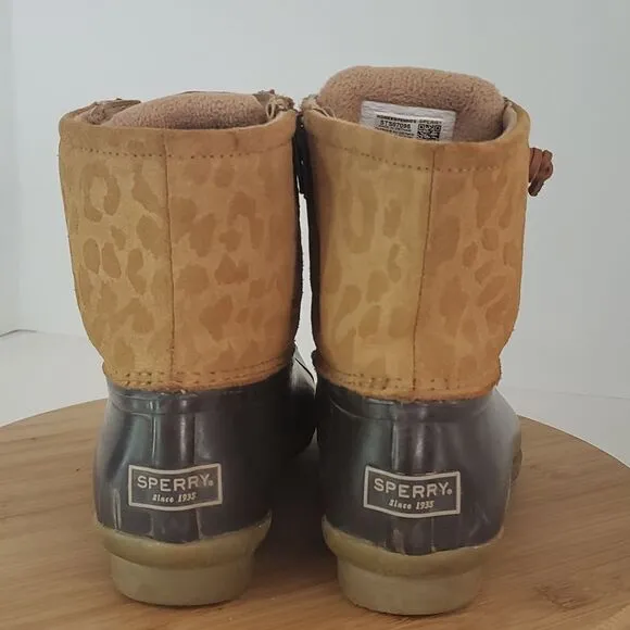 Sperry Women’s Saltwater Dark Brown/Tan Cheetah Print Duck Boots Size 6.5
