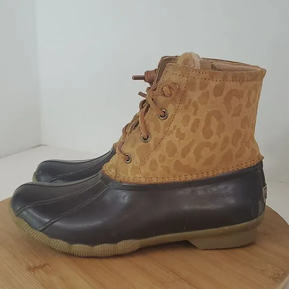 Sperry Women’s Saltwater Dark Brown/Tan Cheetah Print Duck Boots Size 6.5