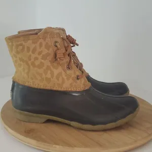 Sperry Women’s Saltwater Dark Brown/Tan Cheetah Print Duck Boots Size 6.5