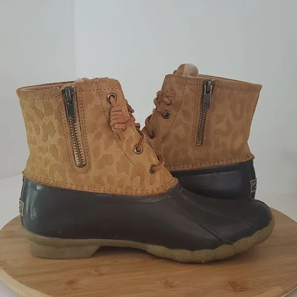 Sperry Women’s Saltwater Dark Brown/Tan Cheetah Print Duck Boots Size 6.5