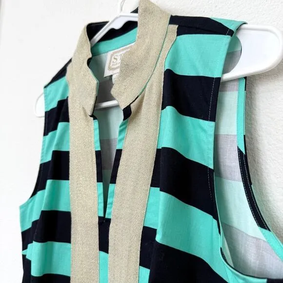 STS Sail to Sable Coastal Shift Dress Nautical Stripe Gold Collar Preppy L