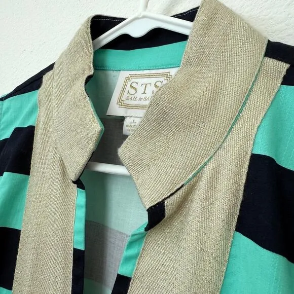 STS Sail to Sable Coastal Shift Dress Nautical Stripe Gold Collar Preppy L