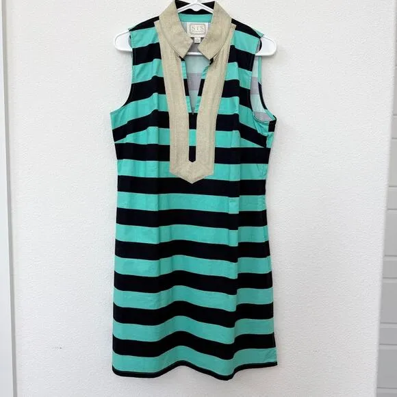 STS Sail to Sable Coastal Shift Dress Nautical Stripe Gold Collar Preppy L