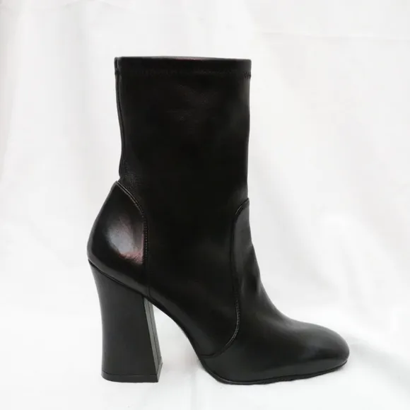 STUART WEITZMAN Black Stretch Leather Mid-calf Kitten-Heeled Boots, size 6