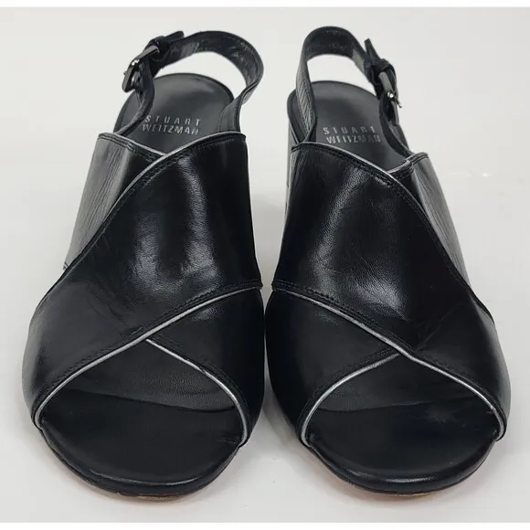 Stuart Weitzman Sandals Womens 7 Black Slingback Pipe Maxwell Crossover Heeled