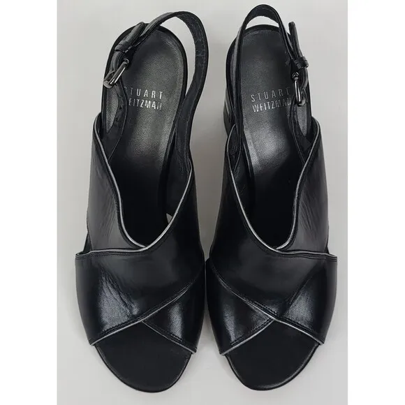 Stuart Weitzman Sandals Womens 7 Black Slingback Pipe Maxwell Crossover Heeled