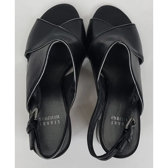 Stuart Weitzman Sandals Womens 7 Black Slingback Pipe Maxwell Crossover Heeled