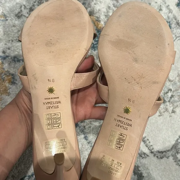 Stuart Weitzman Soiree Sleek 75 Sandal Heel Poudre Sand Leather pump Sandals 9.5
