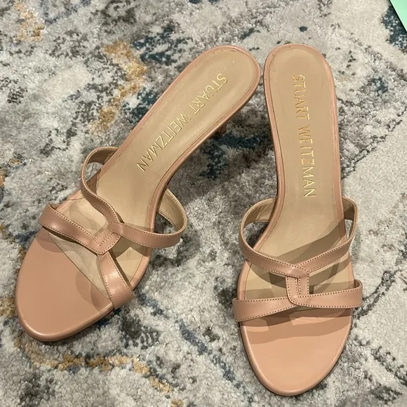 Stuart Weitzman Soiree Sleek 75 Sandal Heel Poudre Sand Leather pump Sandals 9.5