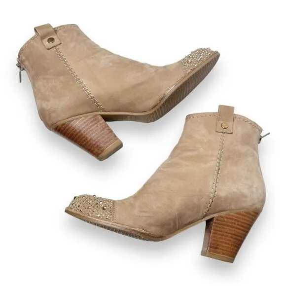 Stuart Weitzman Women’s Gold Studded Cap Toe Zip Taupe Suede Ankle Boots 5.5 M