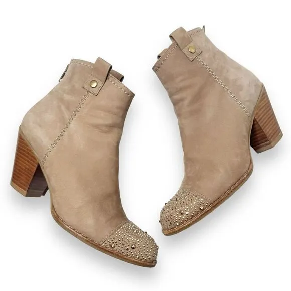 Stuart Weitzman Women’s Gold Studded Cap Toe Zip Taupe Suede Ankle Boots 5.5 M