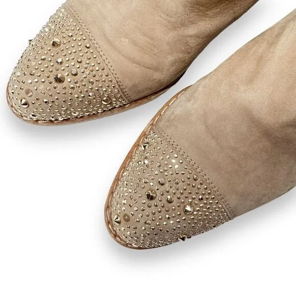 Stuart Weitzman Women’s Gold Studded Cap Toe Zip Taupe Suede Ankle Boots 5.5 M