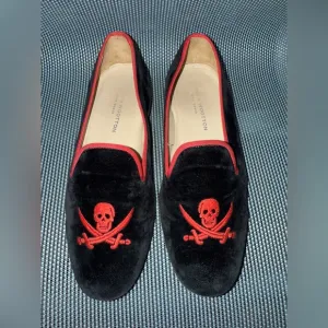 Stubbs &amp; Wootton Jolly Roger Skull Sword Velvet Slippers Shoes Black Red Loafers