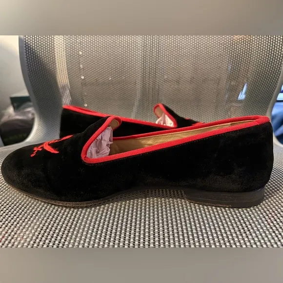 Stubbs &amp; Wootton Jolly Roger Skull Sword Velvet Slippers Shoes Black Red Loafers