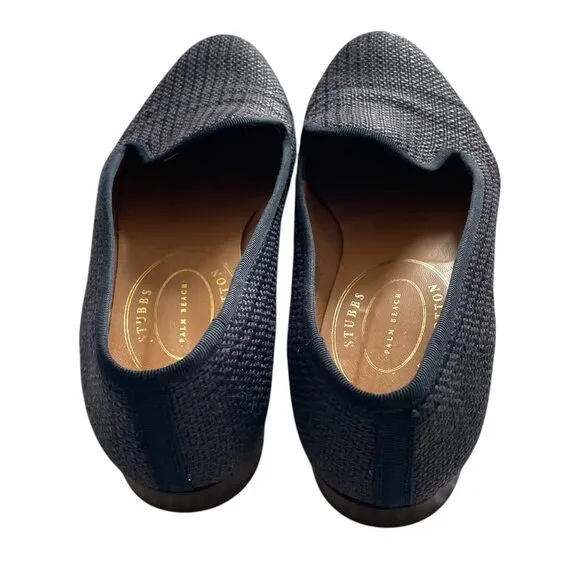 Stubbs &amp; Wootton Raffia Slippers Size 7.5 Navy Blue Slip On Shoes Loafers Flats