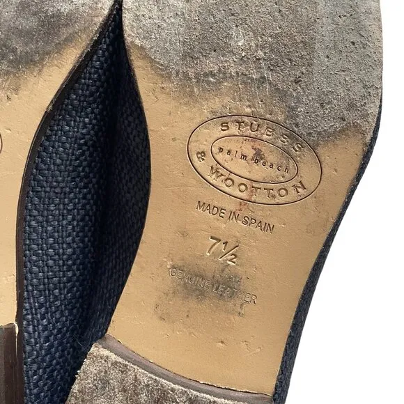 Stubbs &amp; Wootton Raffia Slippers Size 7.5 Navy Blue Slip On Shoes Loafers Flats