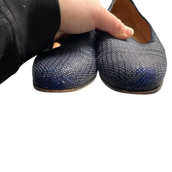 Stubbs &amp; Wootton Raffia Slippers Size 7.5 Navy Blue Slip On Shoes Loafers Flats