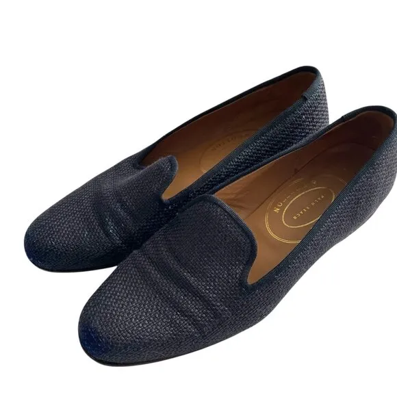 Stubbs &amp; Wootton Raffia Slippers Size 7.5 Navy Blue Slip On Shoes Loafers Flats
