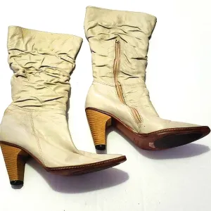 Studio F Boho Chic Cream Leather Ruched Heeled Boots Made in Colombia