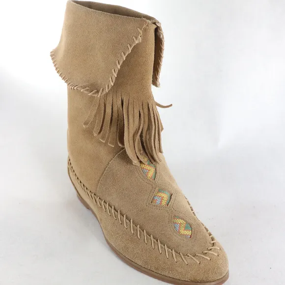 Suede Leather Fringe Indian Style Slip Ankle Boots PAIR Sz 7.5 US Women