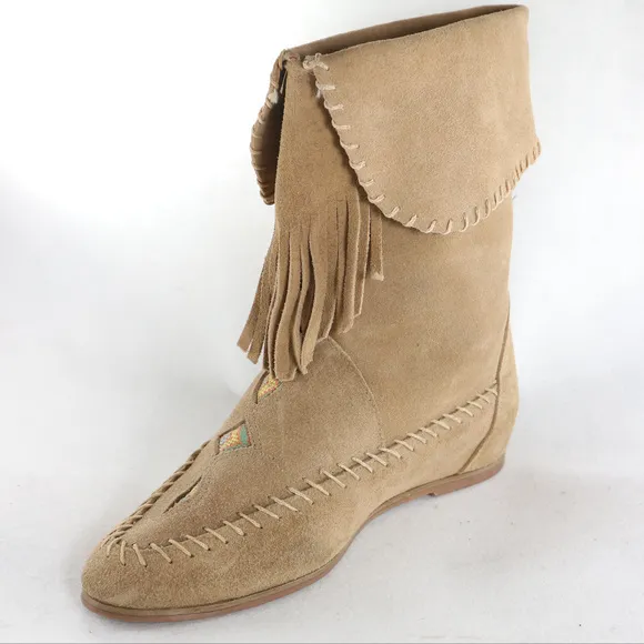 Suede Leather Fringe Indian Style Slip Ankle Boots PAIR Sz 7.5 US Women