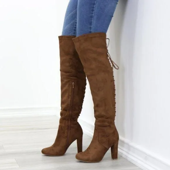 Suede Over The Knee Heeled Boots With Lace Up Back
