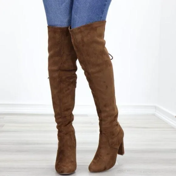 Suede Over The Knee Heeled Boots With Lace Up Back