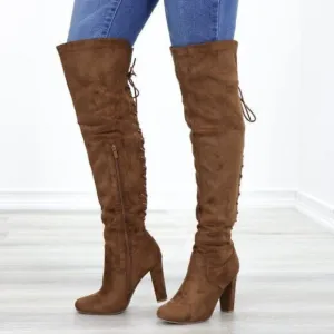 Suede Over The Knee Heeled Boots With Lace Up Back