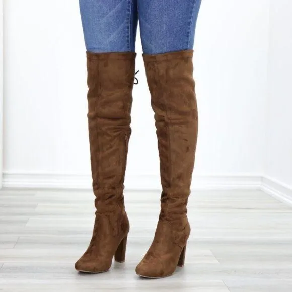 Suede Over The Knee Heeled Boots With Lace Up Back