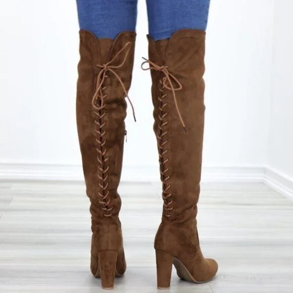 Suede Over The Knee Heeled Boots With Lace Up Back