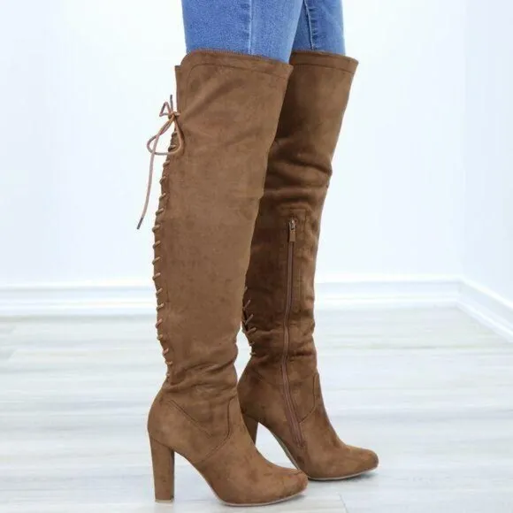 Suede Over The Knee Heeled Boots With Lace Up Back