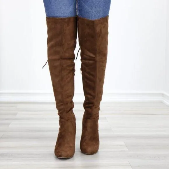 Suede Over The Knee Heeled Boots With Lace Up Back