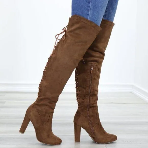 Suede Over The Knee Heeled Boots With Lace Up Back