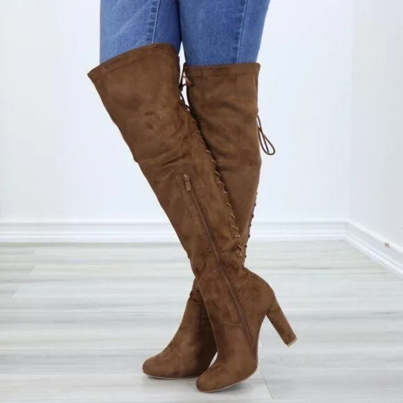 Suede Over The Knee Heeled Boots With Lace Up Back